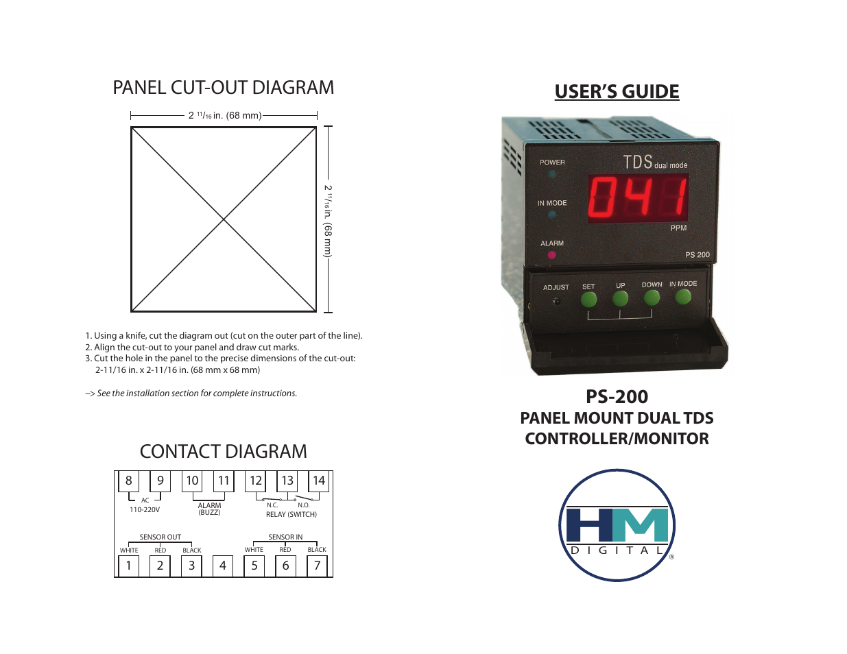 User’s guide panel cut-out diagram, Ps-200, Contact diagram | Panel mount dual tds controller/monitor | Hydro-Logic SuperLogic 2500 User Manual | Page 16 / 20