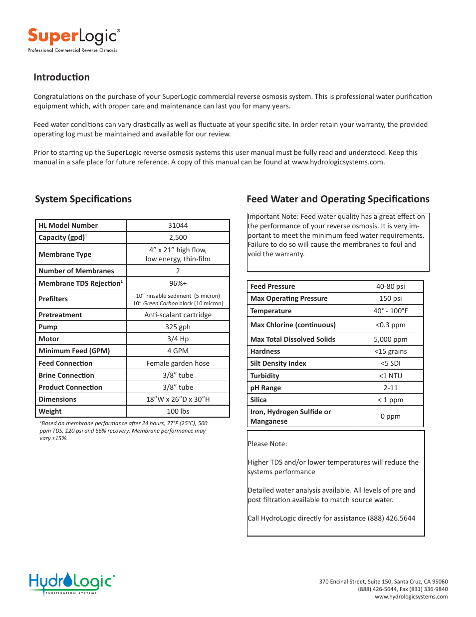Superlogic 2500 manual, System specifi caɵ ons | Hydro-Logic SuperLogic 2500 User Manual | Page 4 / 20