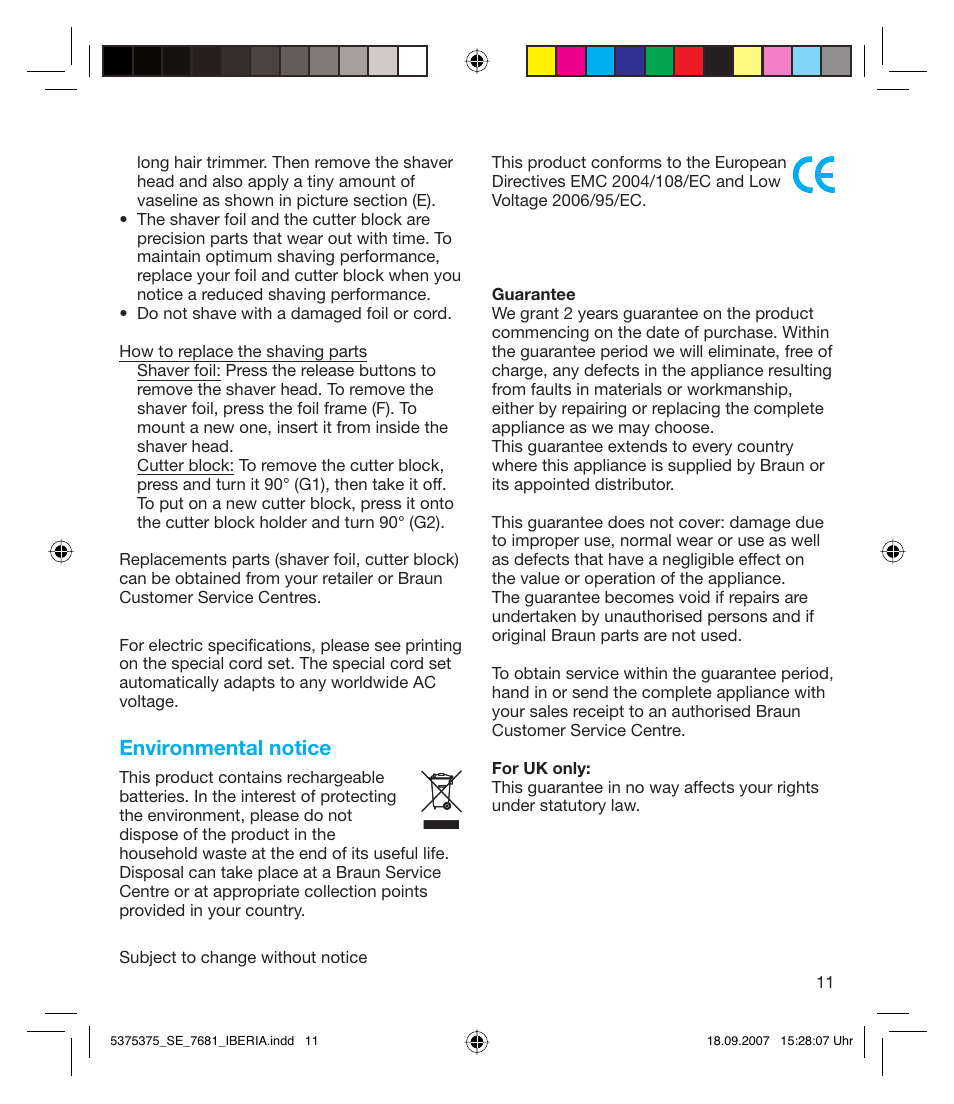 Environmental notice | Braun TYPE 5375 User Manual | Page 11 / 40