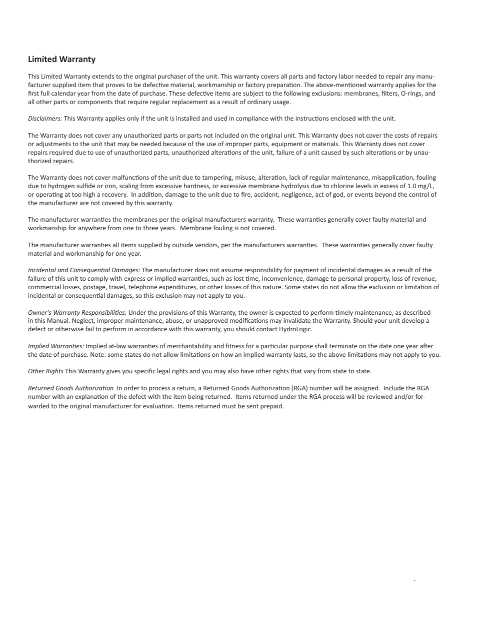 Limited warranty | Hydro-Logic SuperLogic 1500 User Manual | Page 14 / 20