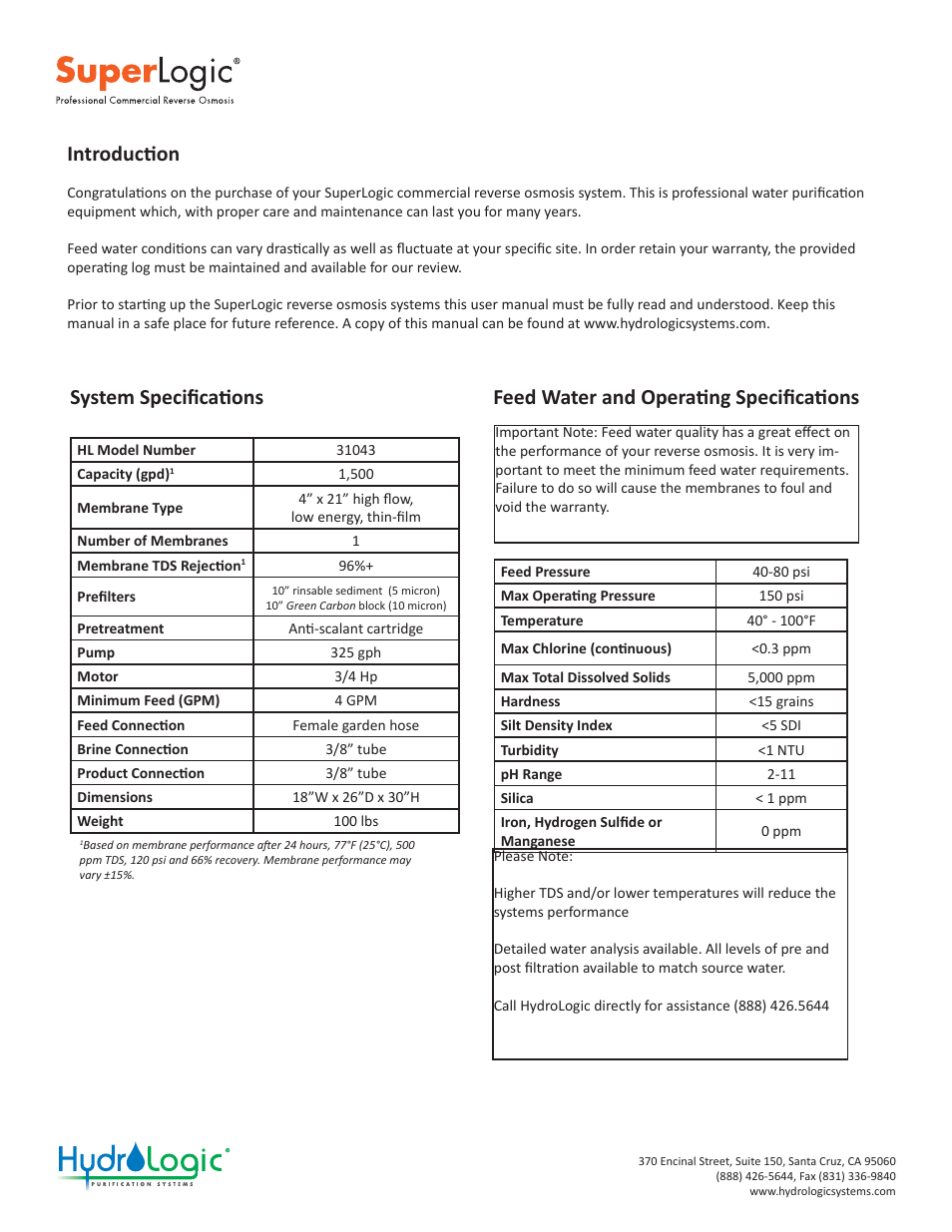 Superlogic 1500 manual, System specifi caɵ ons | Hydro-Logic SuperLogic 1500 User Manual | Page 4 / 20