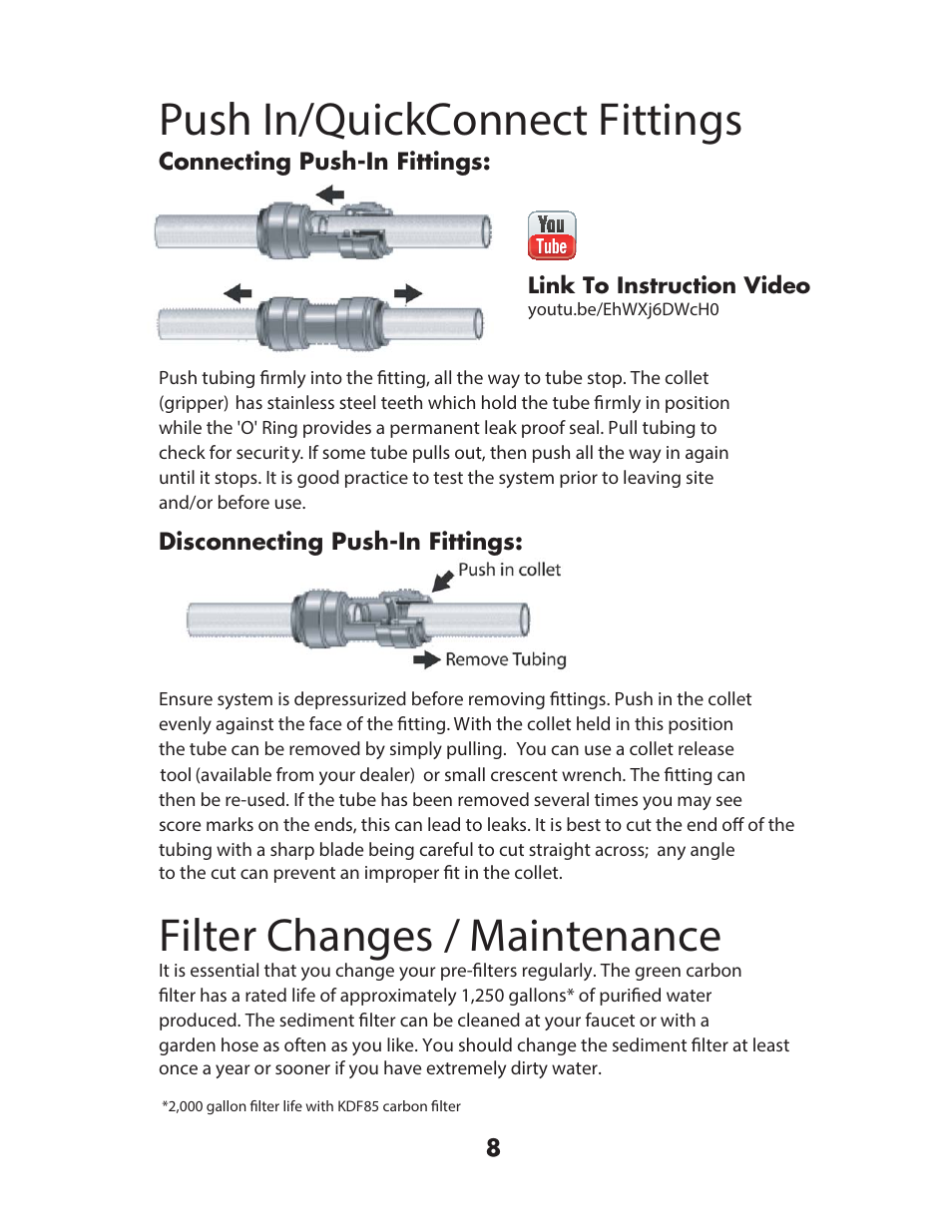 Push in/quickconnect fittings, Filter changes / maintenance | Hydro-Logic StealthRO100 User Manual | Page 10 / 20