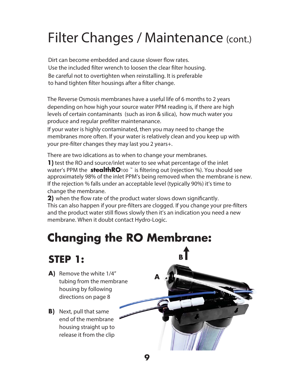Filter changes / maintenance, Kdqjlqj wkh 52 0hpeudqh, Cont.) | Hydro-Logic StealthRO100 User Manual | Page 11 / 20