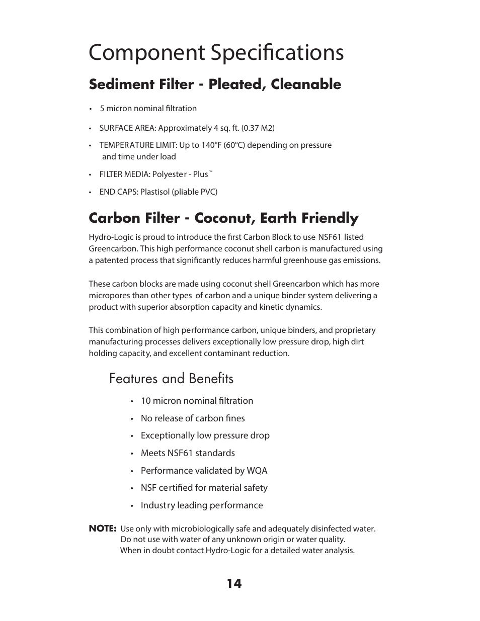 Component speciﬁcations, 6hglphqw )lowhu  3ohdwhg &ohdqdeoh, Features and beneﬁts | Duerq )lowhu  &rfrqxw (duwk )ulhqgo | Hydro-Logic StealthRO100 User Manual | Page 16 / 20
