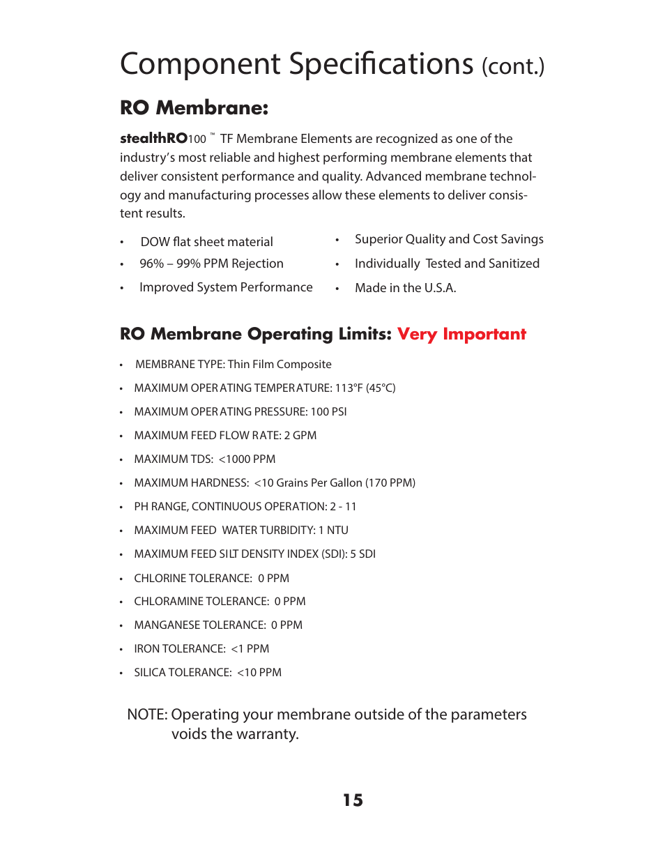 Component speciﬁcations, Cont.), 52 0hpeudqh | Hydro-Logic StealthRO100 User Manual | Page 17 / 20