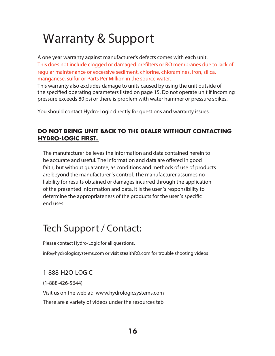 Warranty & support, Tech support / contact | Hydro-Logic StealthRO100 User Manual | Page 18 / 20