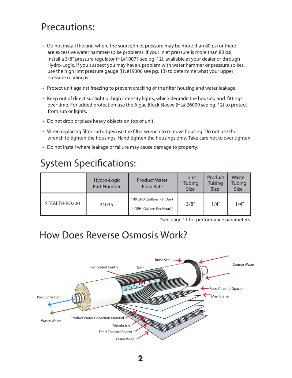 Precautions: how does reverse osmosis work, System speciﬁcations | Hydro-Logic StealthRO100 User Manual | Page 4 / 20