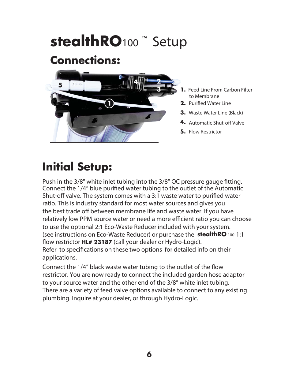 Vwhdowk52, Setup, Rqqhfwlrqv ,qlwldo 6hwxs | Hydro-Logic StealthRO100 User Manual | Page 8 / 20