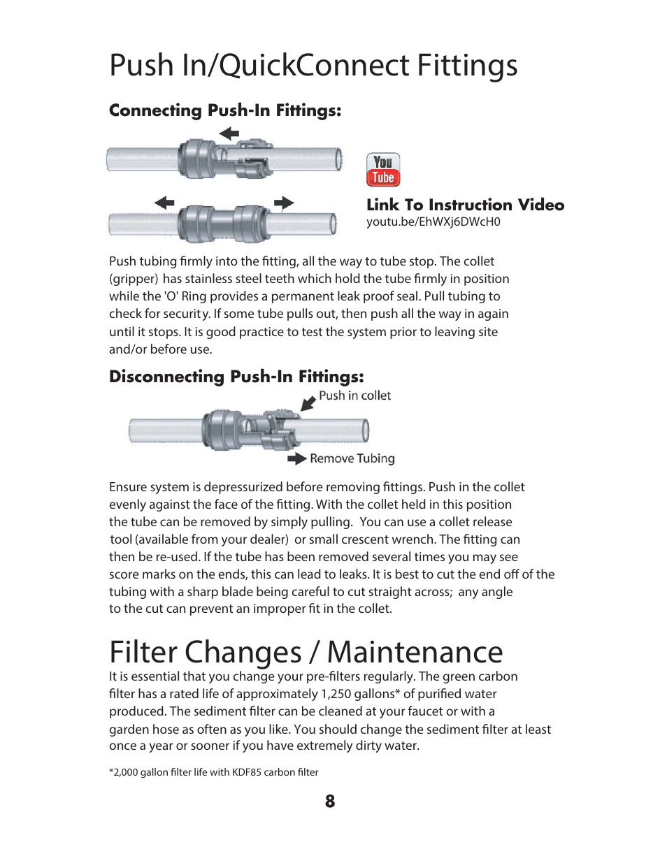 Push in/quickconnect fittings, Filter changes / maintenance | Hydro-Logic StealthRO200 User Manual | Page 10 / 20