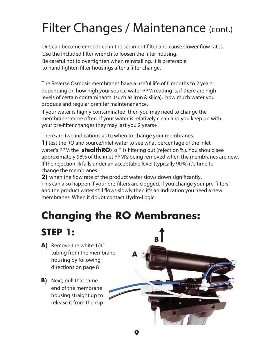 Filter changes / maintenance, Kdqjlqj wkh 52 0hpeudqhv, Cont.) | Hydro-Logic StealthRO200 User Manual | Page 11 / 20