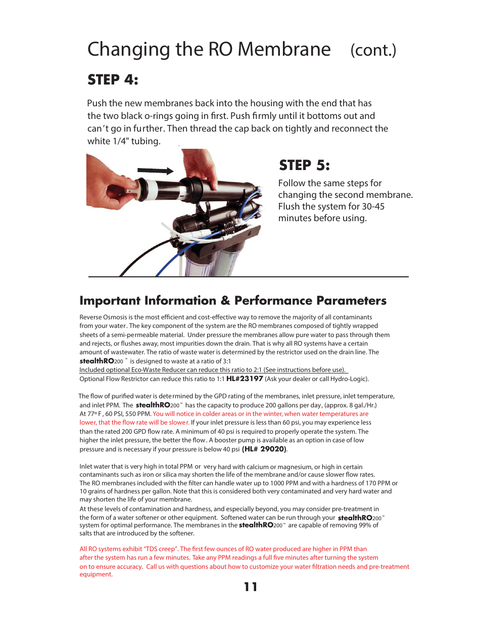 Changing the ro membrane, Cont.), Psruwdqw ,qirupdwlrq 3huirupdqfh 3dudphwhuv | Hydro-Logic StealthRO200 User Manual | Page 13 / 20