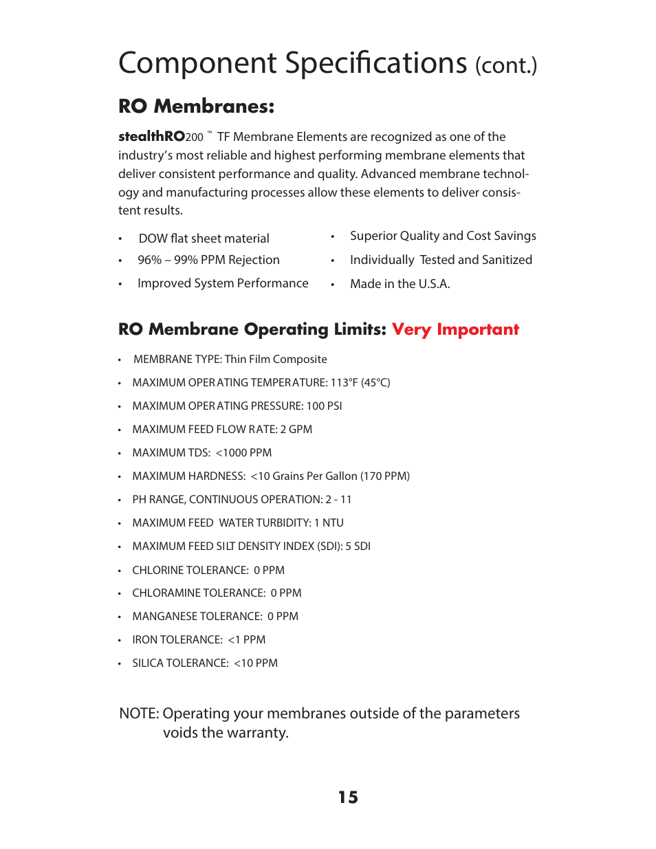 Component speciﬁcations, Cont.), 52 0hpeudqhv | Hydro-Logic StealthRO200 User Manual | Page 17 / 20