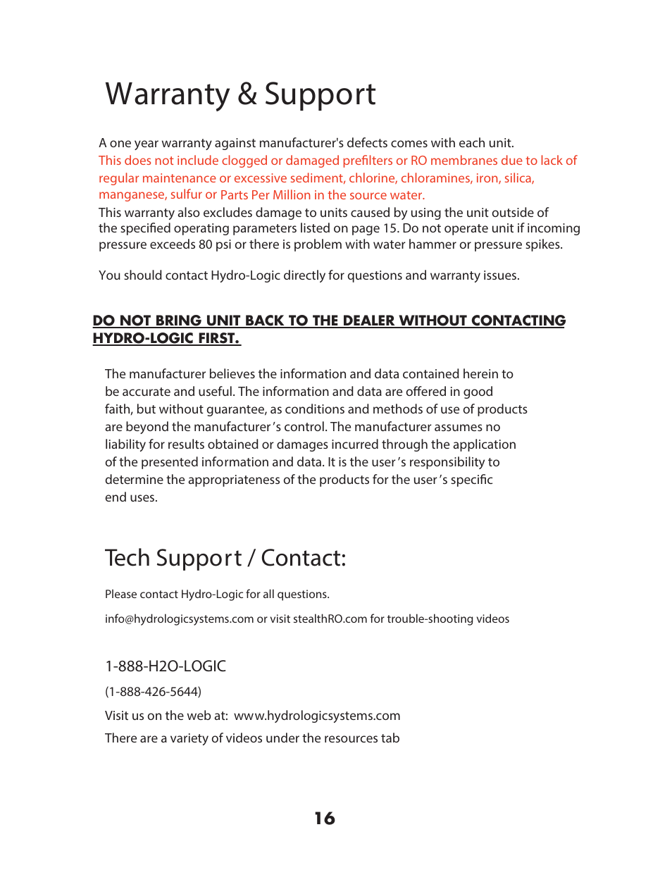 Warranty & support, Tech support / contact | Hydro-Logic StealthRO200 User Manual | Page 18 / 20