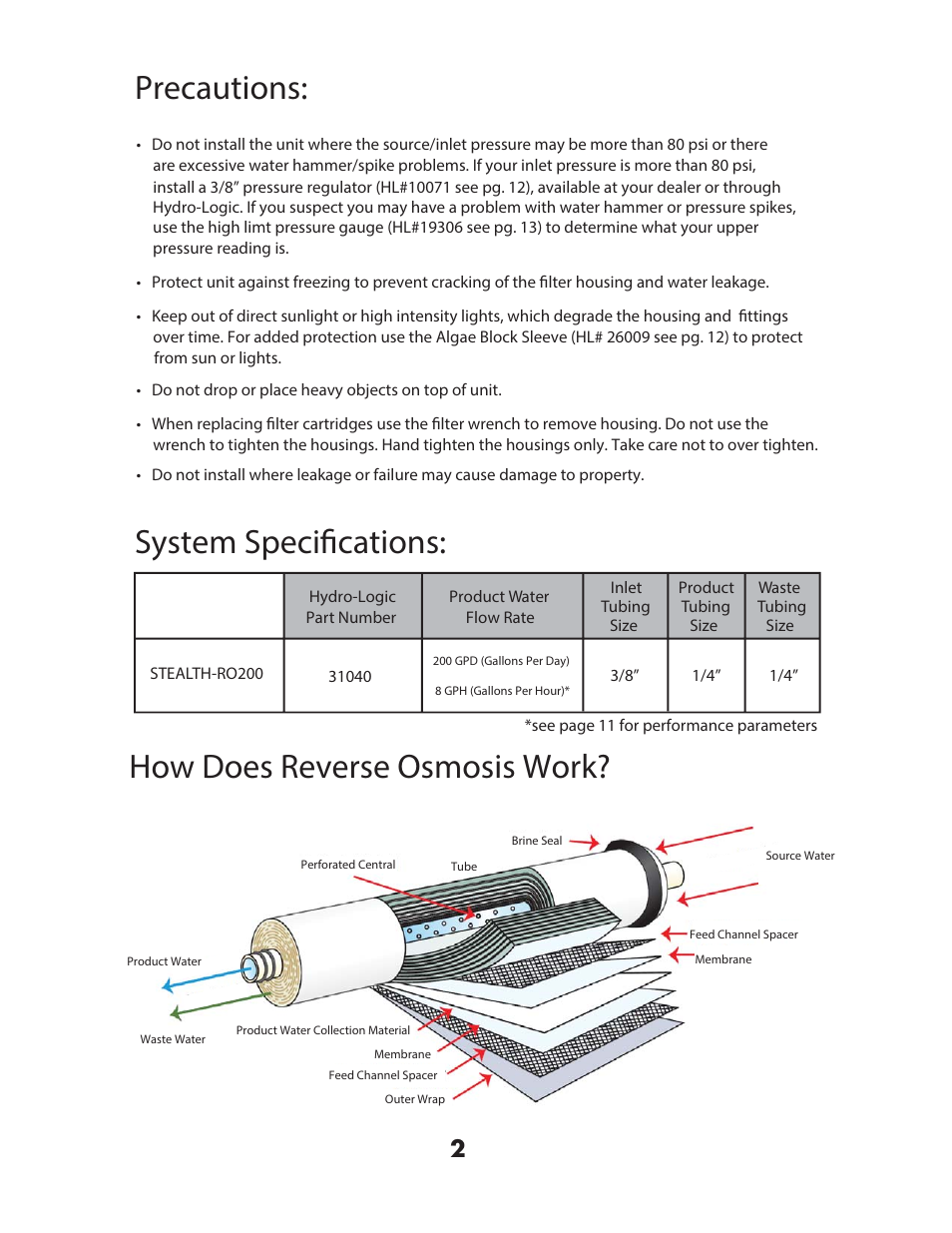 Precautions, System speciﬁcations, How does reverse osmosis work | Hydro-Logic StealthRO200 User Manual | Page 4 / 20