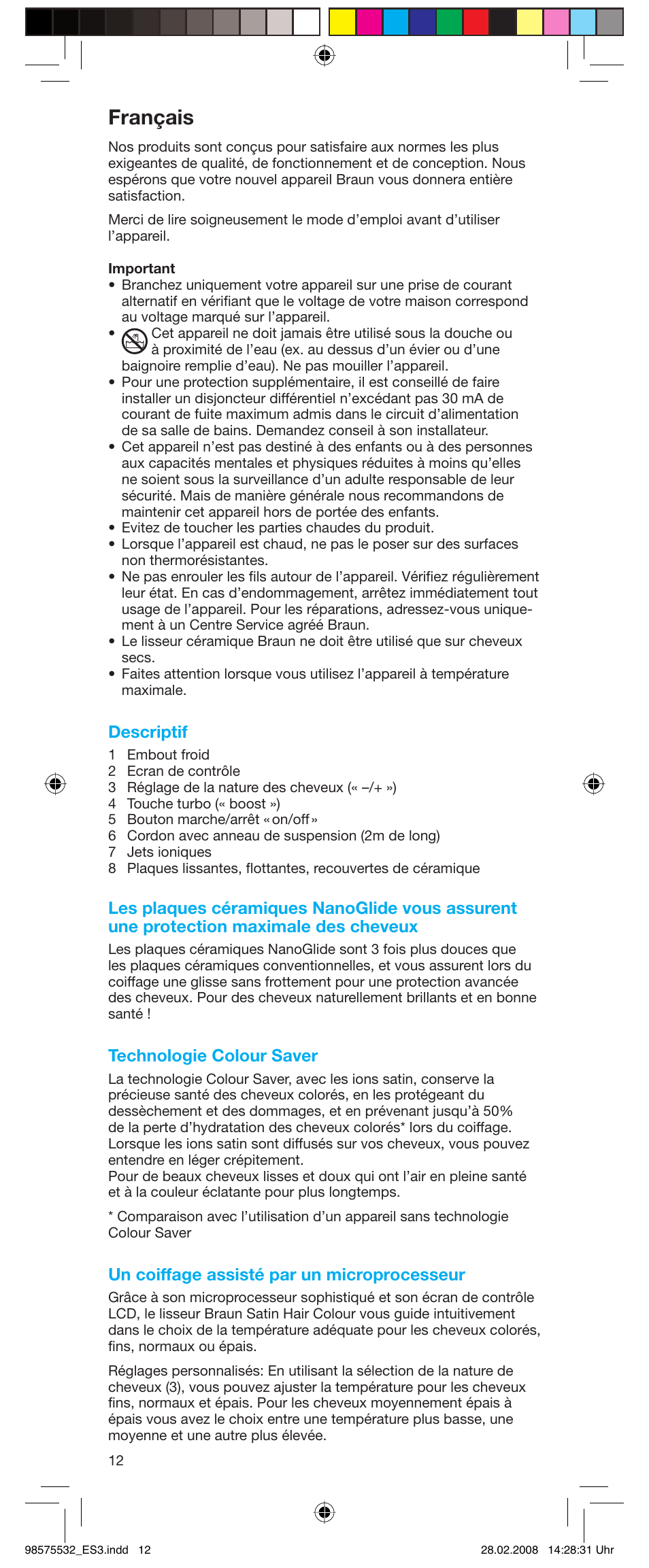 Français, Descriptif, Technologie colour saver | Un coiffage assisté par un microprocesseur | Braun Satin Hair ES 3 User Manual | Page 10 / 81