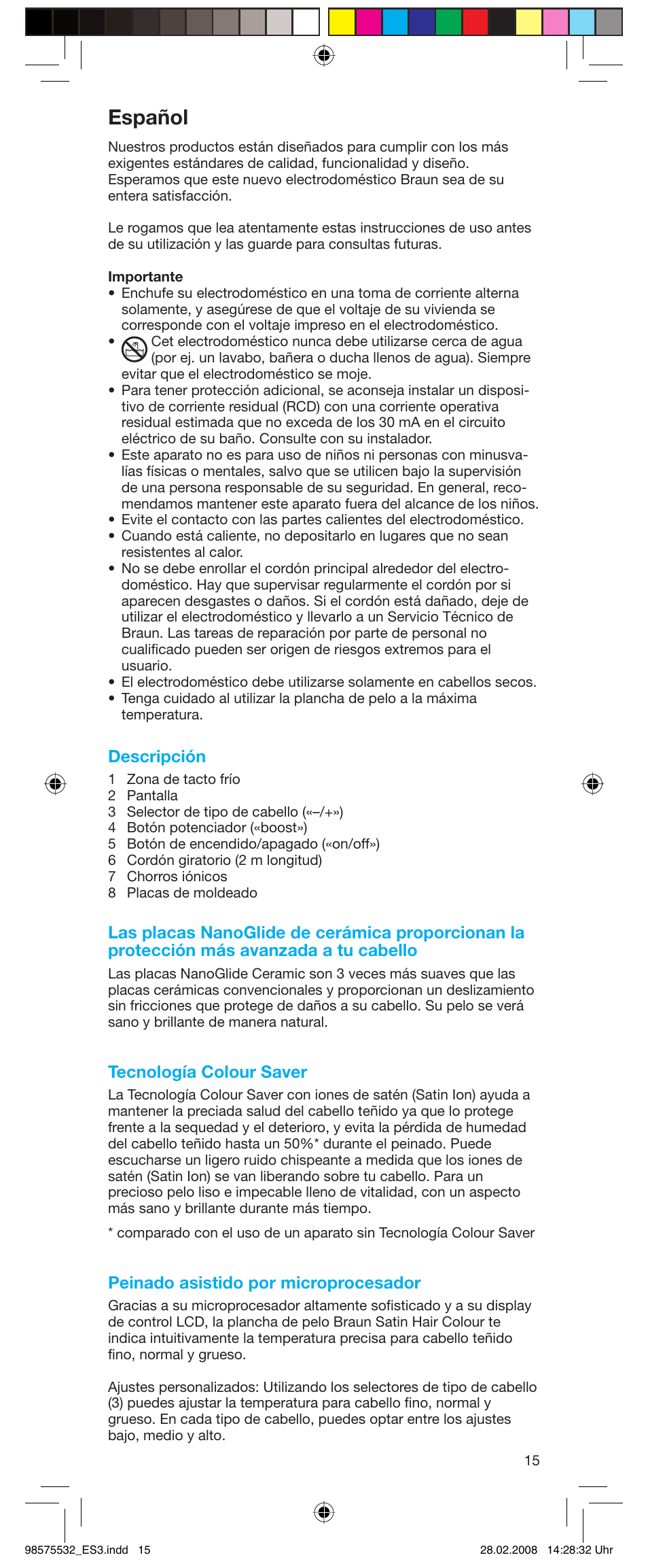 Español, Descripción, Tecnología colour saver | Peinado asistido por microprocesador | Braun Satin Hair ES 3 User Manual | Page 13 / 81