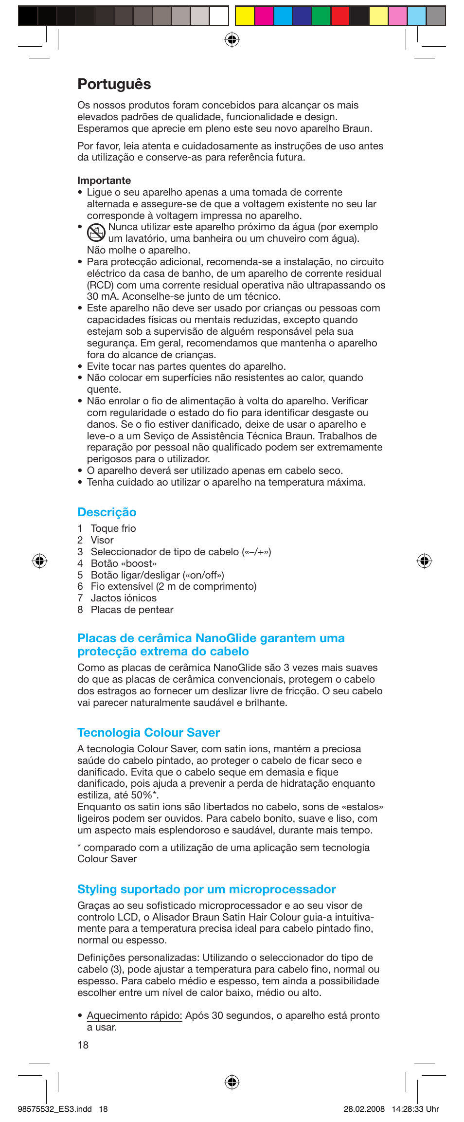 Português, Descrição, Tecnologia colour saver | Styling suportado por um microprocessador | Braun Satin Hair ES 3 User Manual | Page 16 / 81