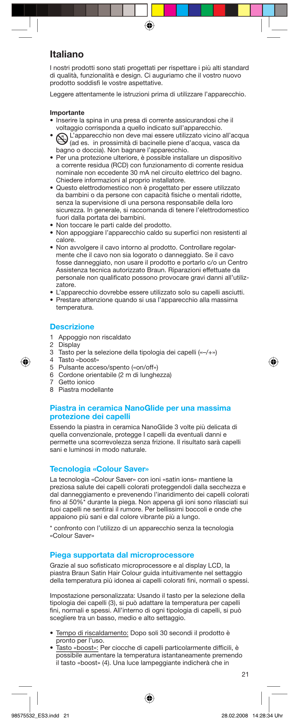 Italiano, Descrizione, Tecnologia «colour saver | Piega supportata dal microprocessore | Braun Satin Hair ES 3 User Manual | Page 19 / 81