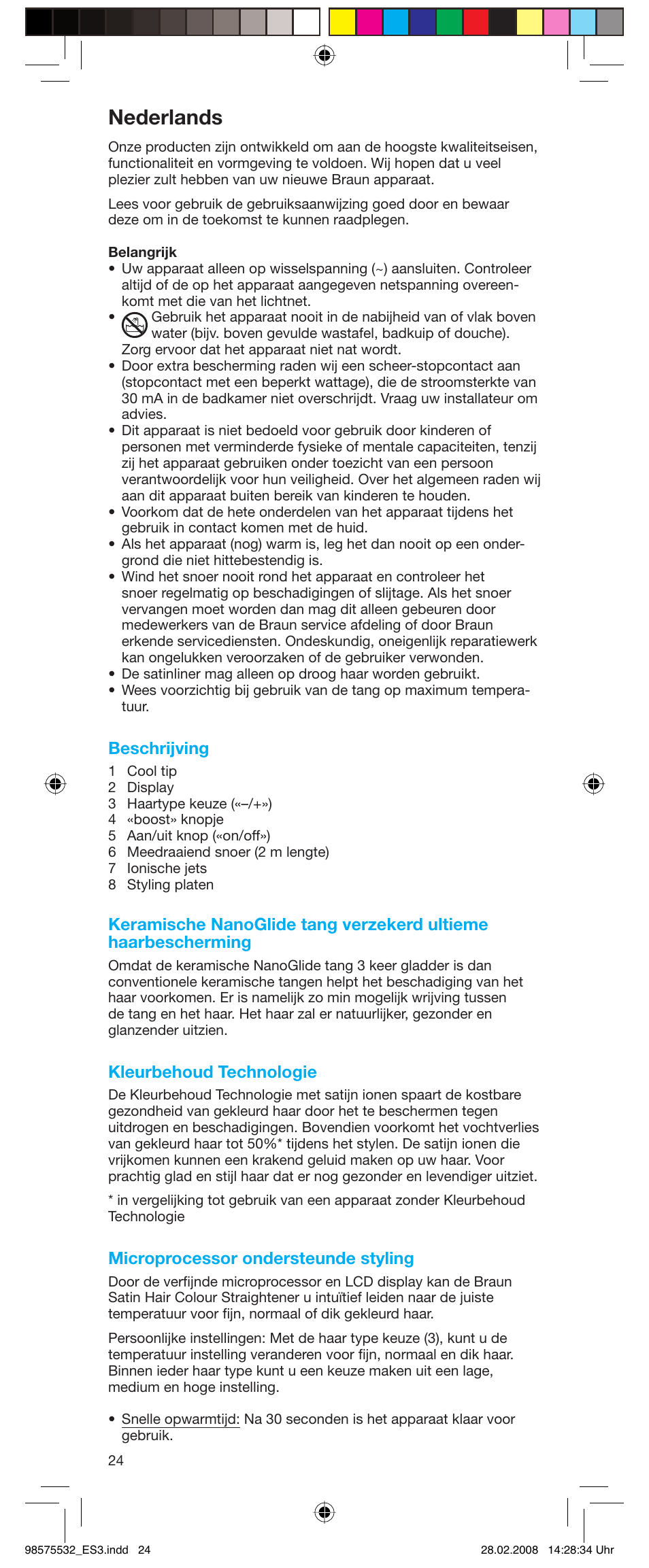 Nederlands, Beschrijving, Kleurbehoud technologie | Microprocessor ondersteunde styling | Braun Satin Hair ES 3 User Manual | Page 22 / 81