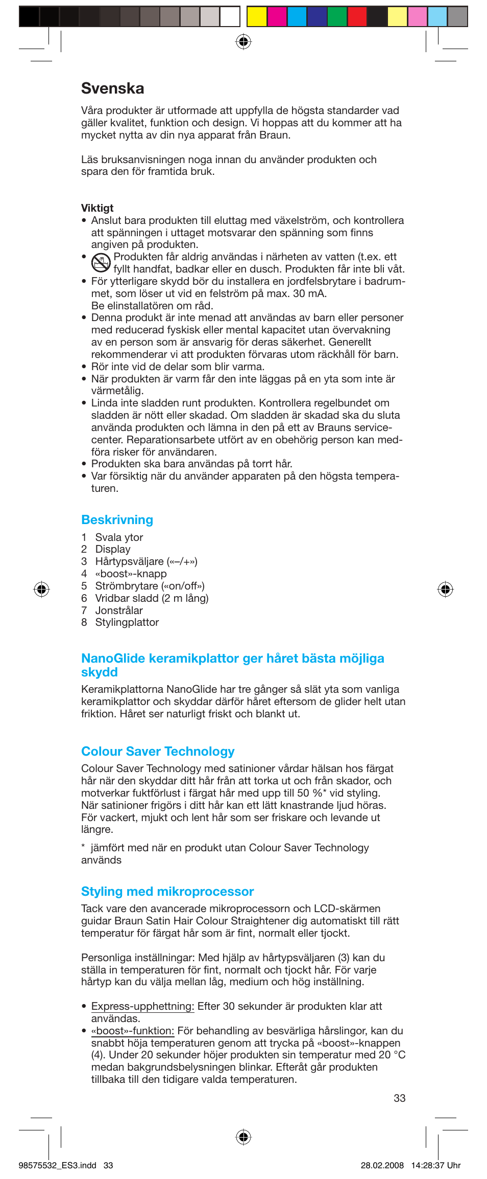 Svenska, Beskrivning, Colour saver technology | Styling med mikroprocessor | Braun Satin Hair ES 3 User Manual | Page 31 / 81