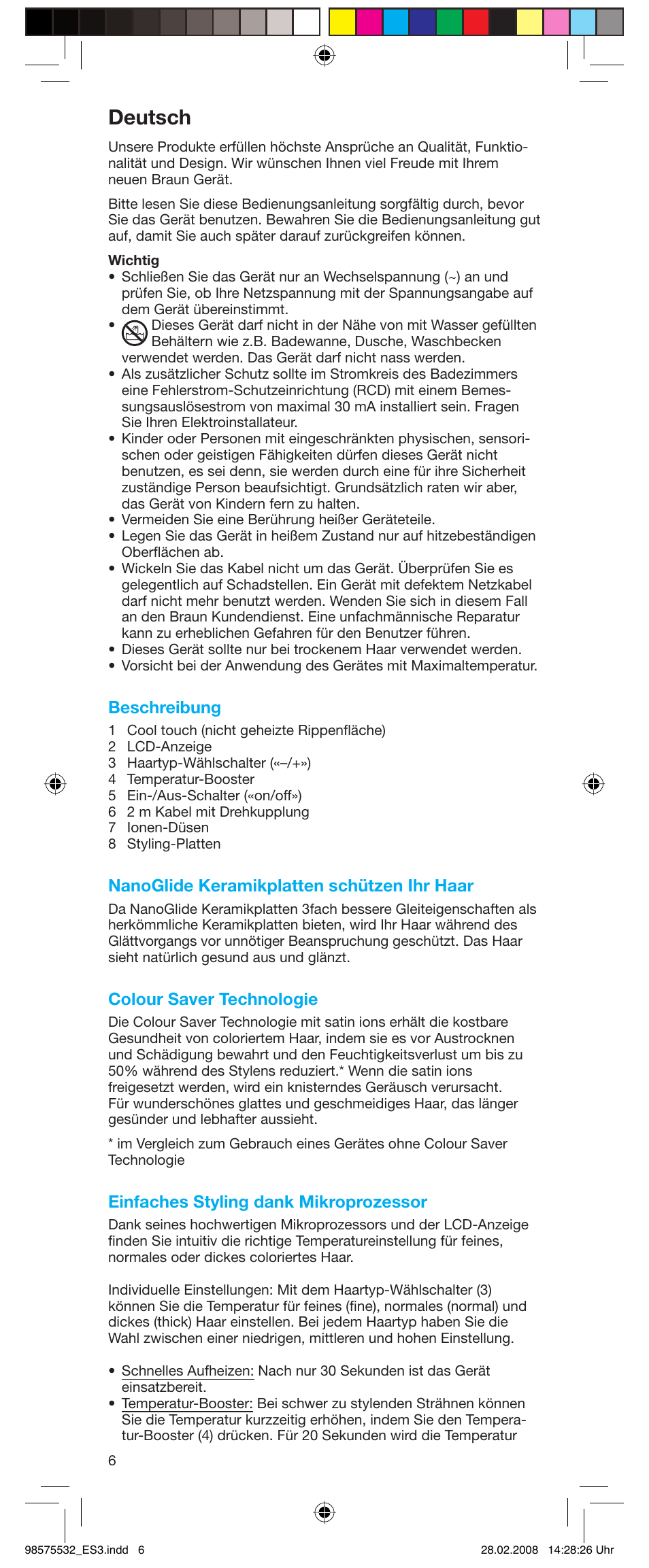 Deutsch, Beschreibung, Nanoglide keramikplatten schützen ihr haar | Colour saver technologie, Einfaches styling dank mikroprozessor | Braun Satin Hair ES 3 User Manual | Page 4 / 81