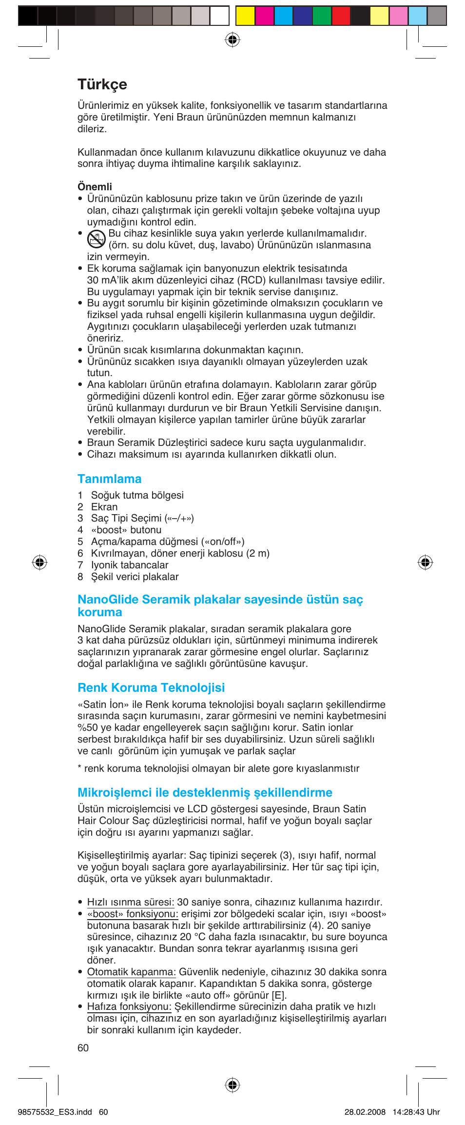 Türkçe, Tanımlama, Renk koruma teknolojisi | Mikroişlemci ile desteklenmiş şekillendirme | Braun Satin Hair ES 3 User Manual | Page 58 / 81