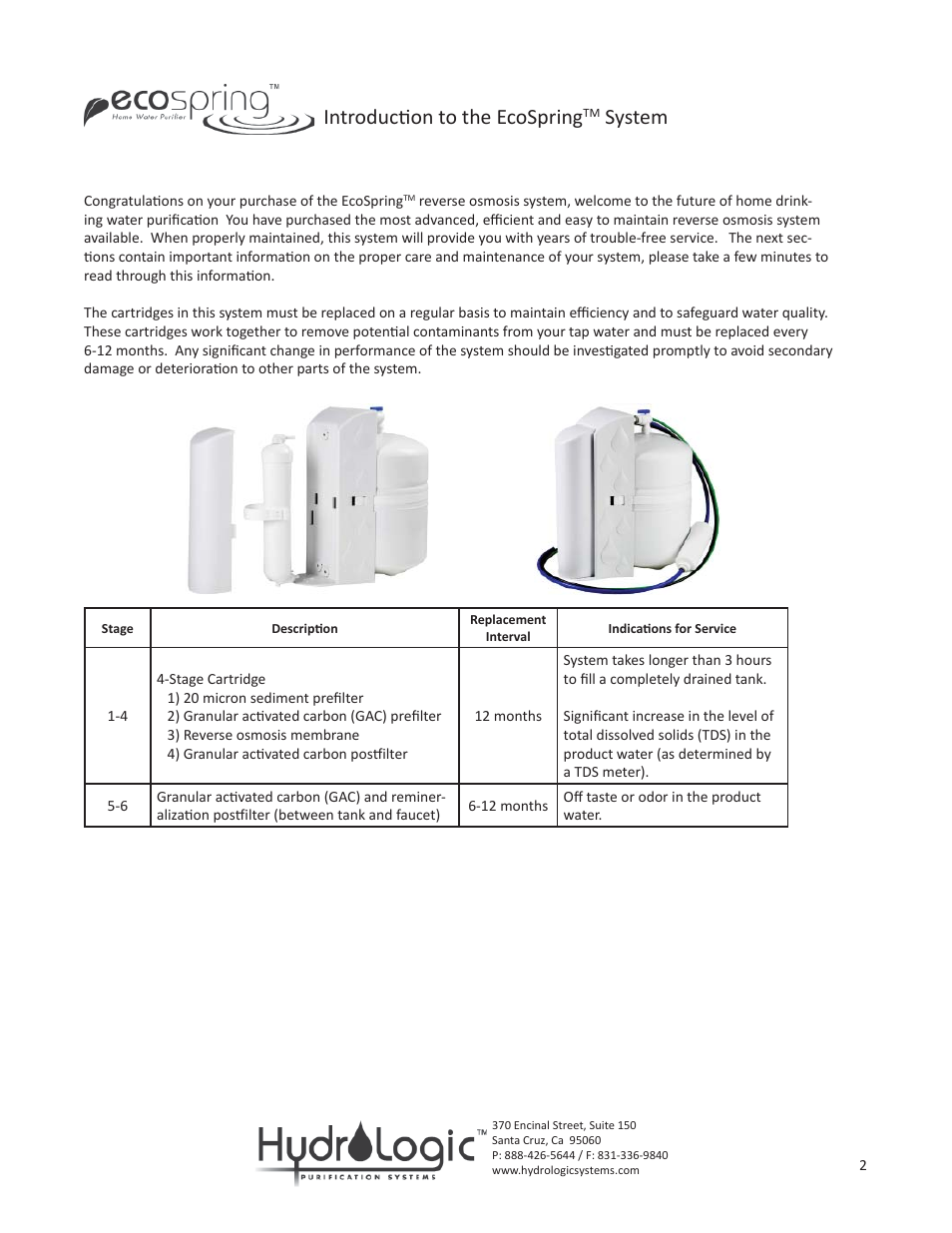 Introducti on to the ecospring, System | Hydro-Logic Ecospring User Manual | Page 2 / 9