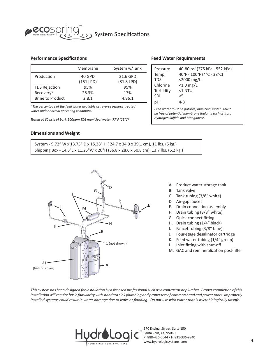 System specifi cati ons | Hydro-Logic Ecospring User Manual | Page 4 / 9