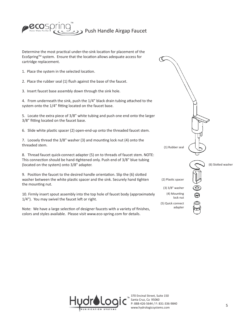 Push handle airgap faucet | Hydro-Logic Ecospring User Manual | Page 5 / 9