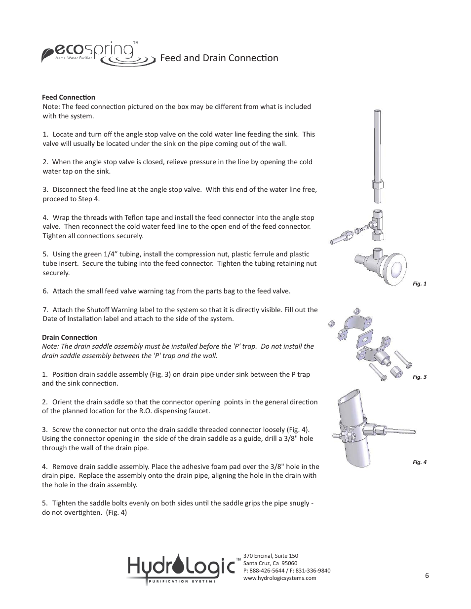 Feed and drain connecti on | Hydro-Logic Ecospring User Manual | Page 6 / 9