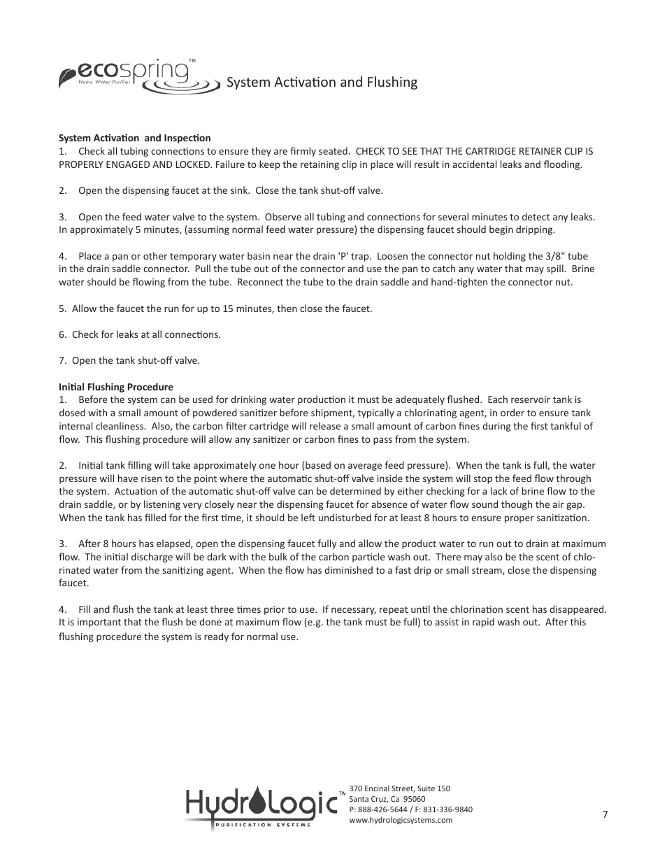 System acti vati on and flushing | Hydro-Logic Ecospring User Manual | Page 7 / 9