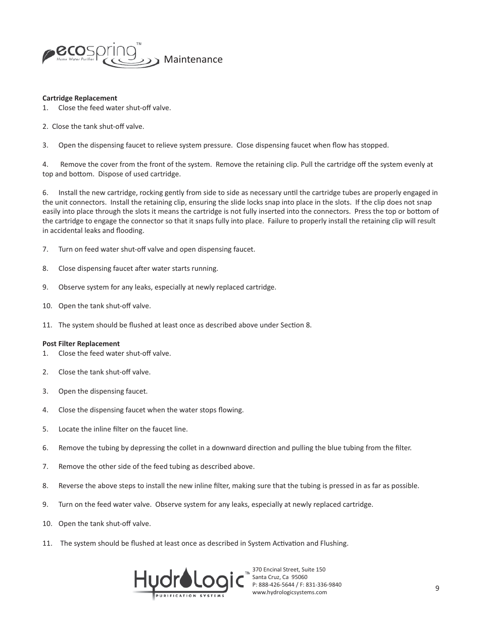 Maintenance | Hydro-Logic Ecospring User Manual | Page 9 / 9