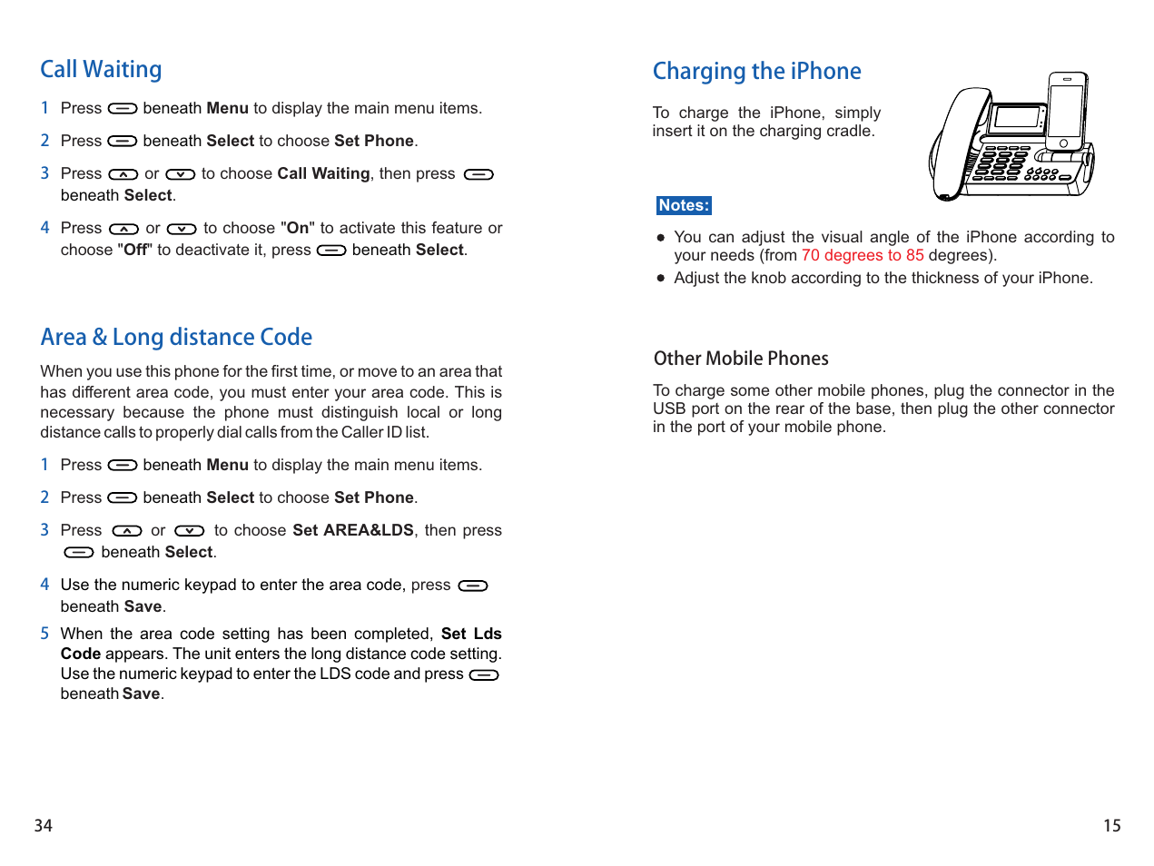Charging the iphone, Call waiting, Area & long distance code | iCreation i-900 User Manual | Page 15 / 46