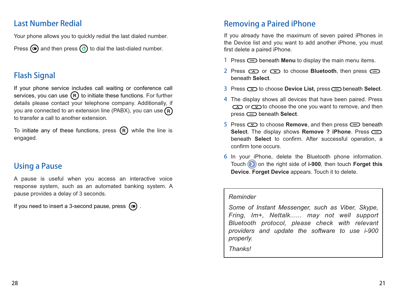 Removing a paired iphone, Last number redial flash signal using a pause | iCreation i-900 User Manual | Page 21 / 46