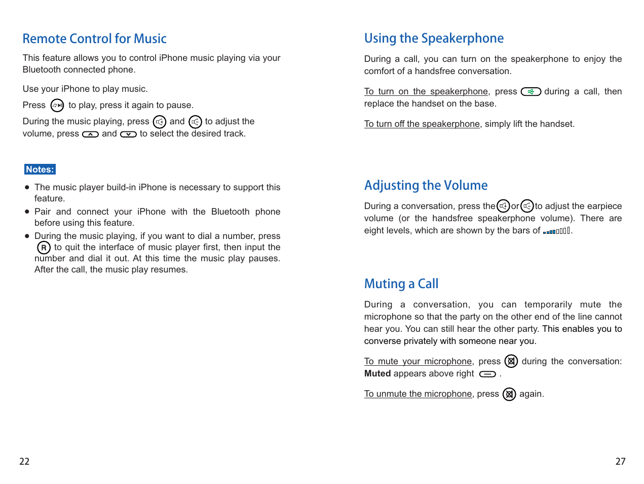 Remote control for music, Adjusting the volume muting a call, Using the speakerphone | iCreation i-900 User Manual | Page 22 / 46