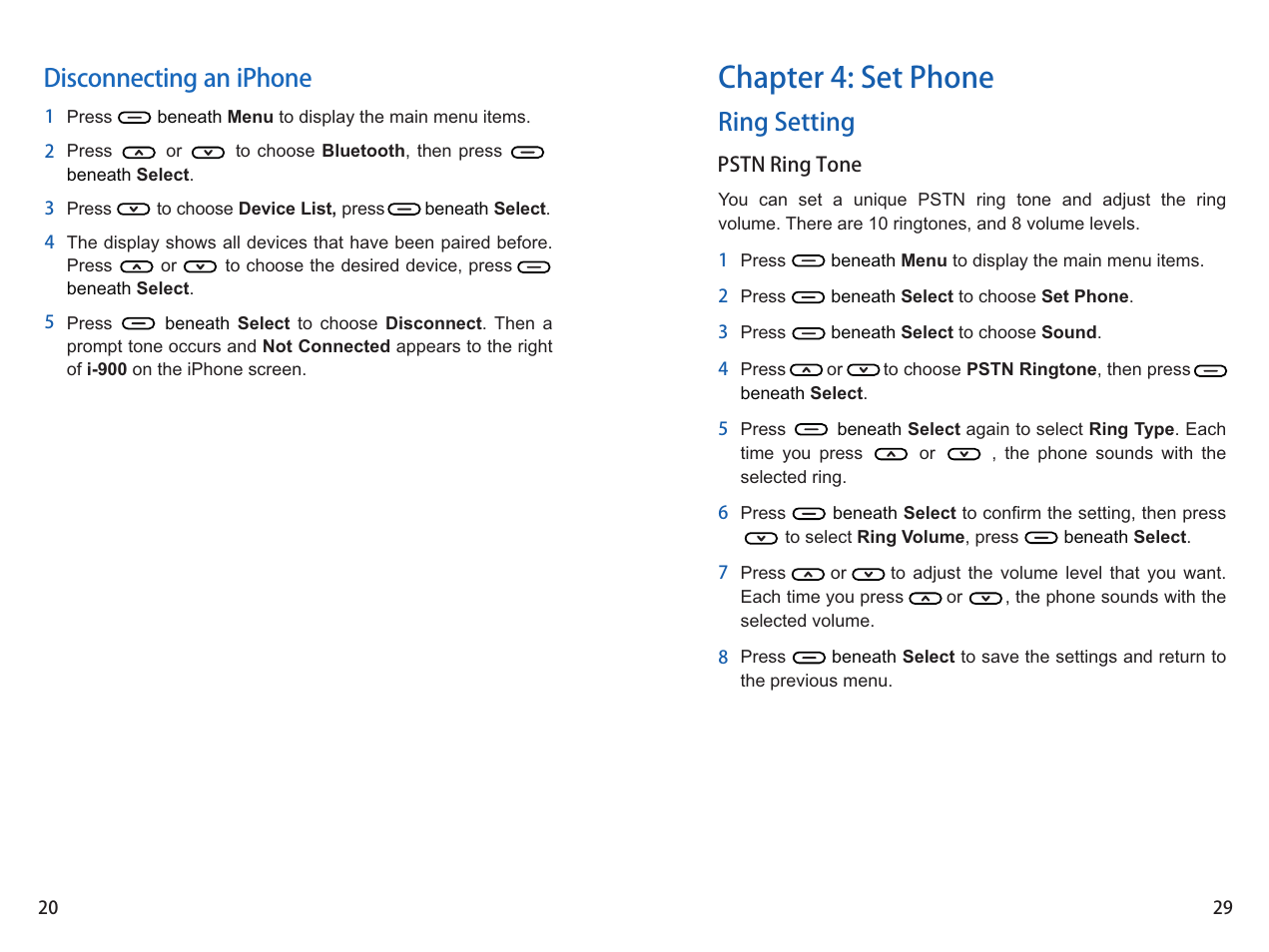 Chapter 4: set phone, Disconnecting an iphone, Ring setting | iCreation i-900 User Manual | Page 29 / 46