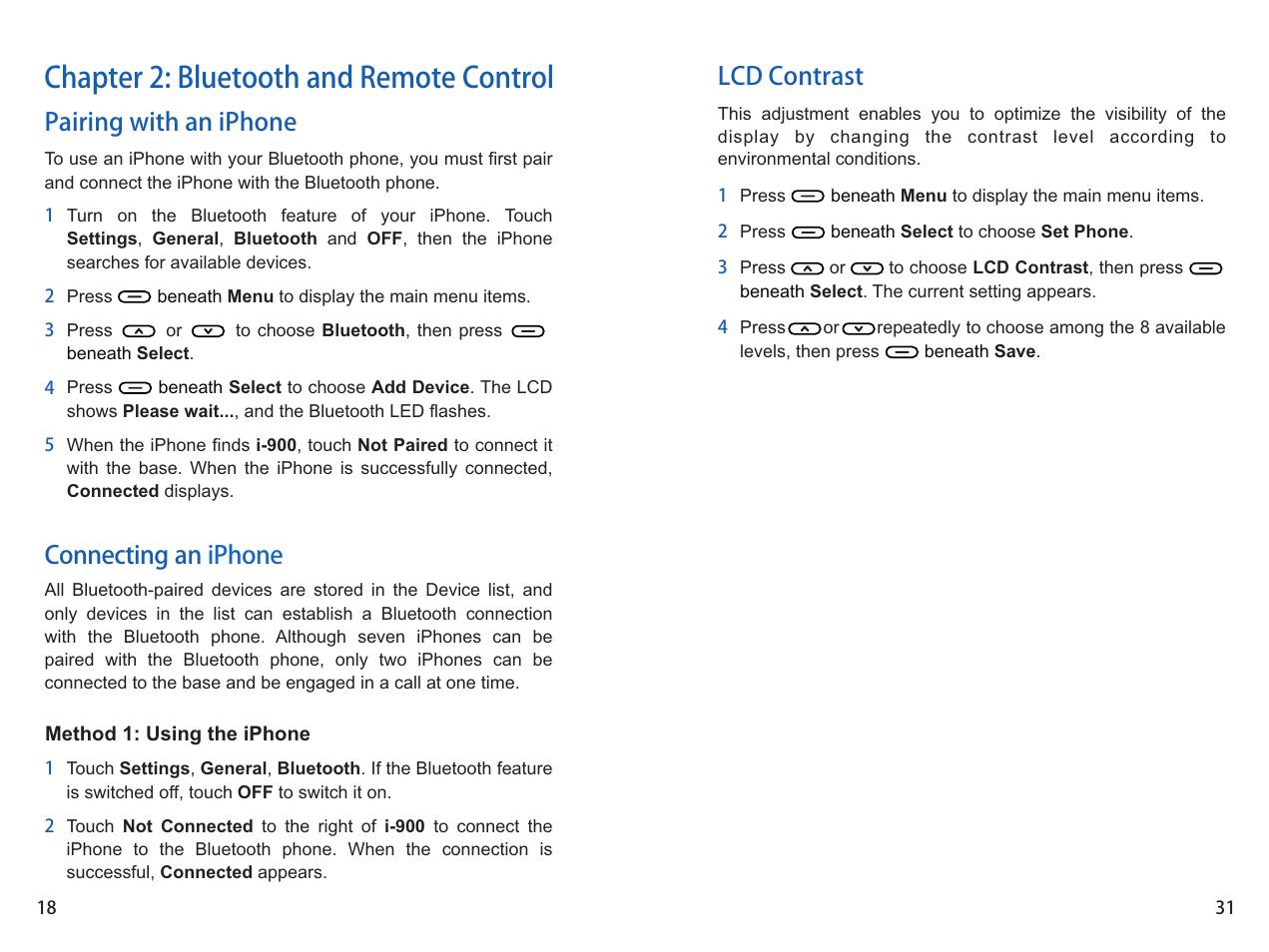 Chapter 2: bluetooth and remote control, Pairing with an iphone connecting an iphone, Lcd contrast | iCreation i-900 User Manual | Page 31 / 46