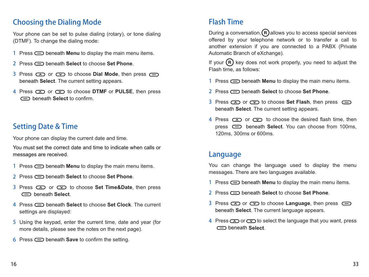 Choosing the dialing mode setting date & time, Flash time, Language | iCreation i-900 User Manual | Page 33 / 46