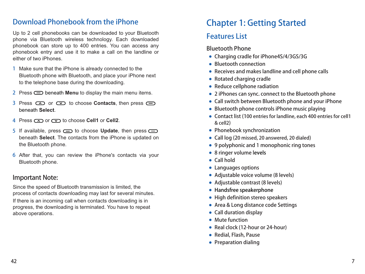 Chapter 1: getting started, Features list, Download phonebook from the iphone | iCreation i-900 User Manual | Page 42 / 46