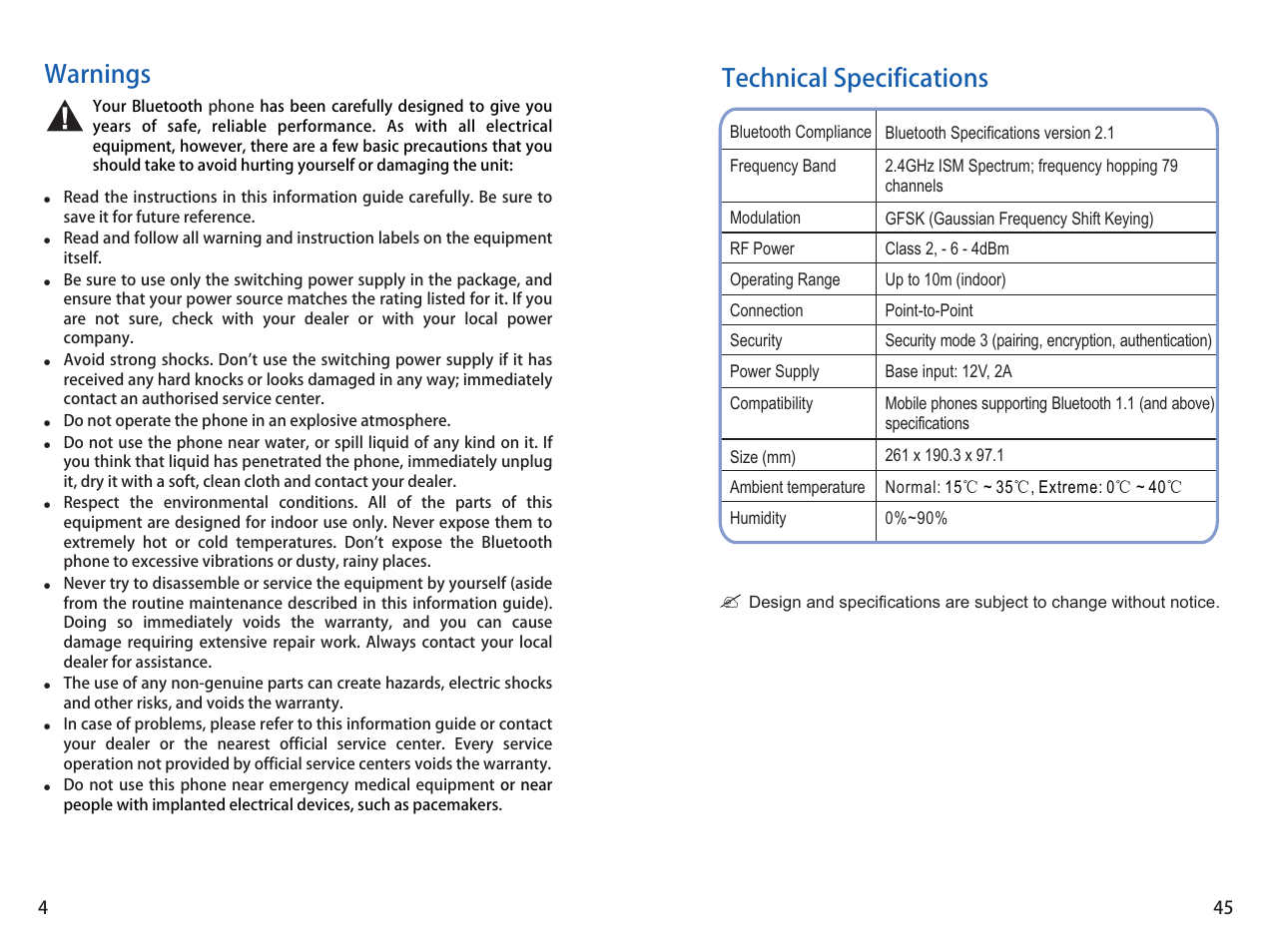 Warnings, Technical specifications | iCreation i-900 User Manual | Page 45 / 46