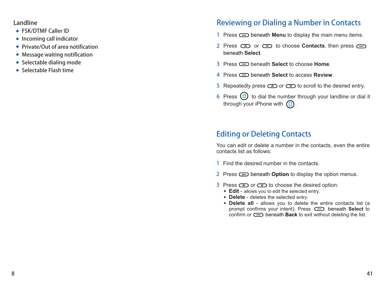 Reviewing or dialing a number in contacts, Editing or deleting contacts | iCreation i-900 User Manual | Page 8 / 46