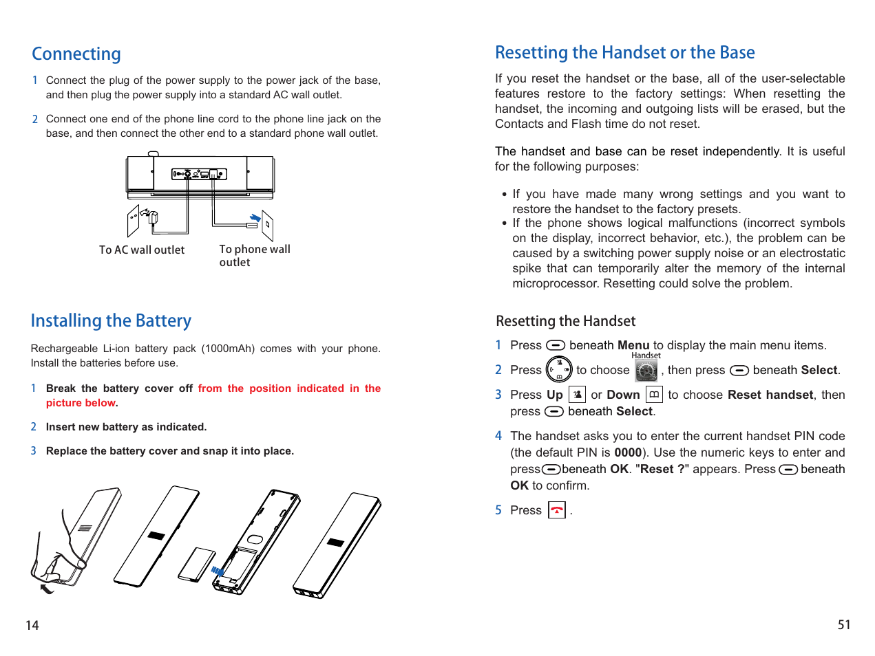 Connecting, Installing the battery, Resetting the handset or the base | iCreation i-800 User Manual | Page 15 / 64