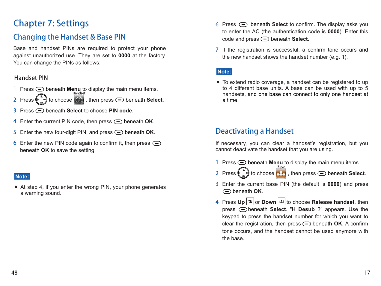 Chapter 7: settings, Deactivating a handset, Changing the handset & base pin | iCreation i-800 User Manual | Page 18 / 64