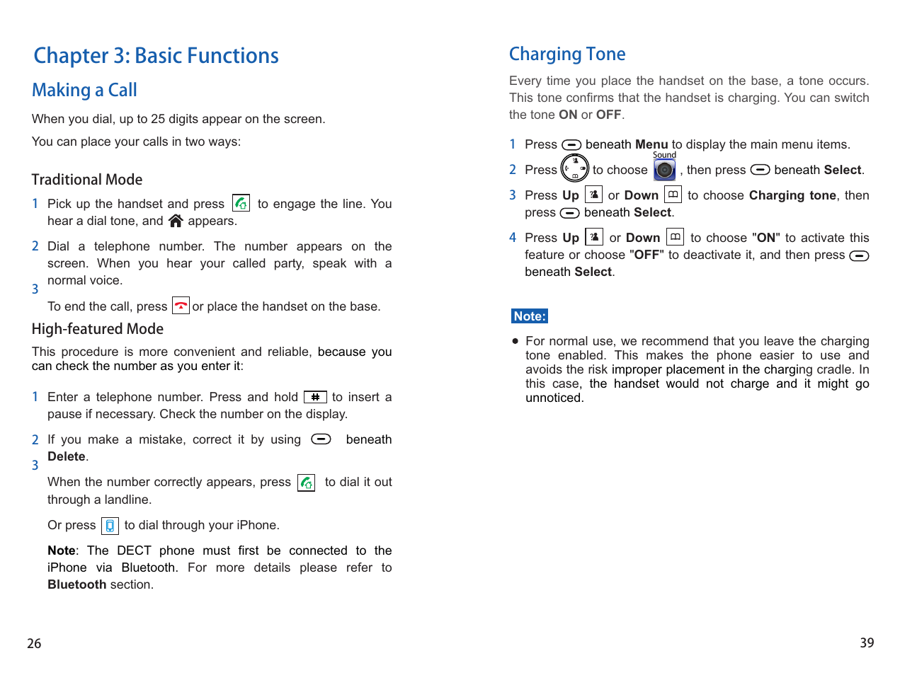 Chapter 3: basic functions, Charging tone, Making a call | iCreation i-800 User Manual | Page 27 / 64