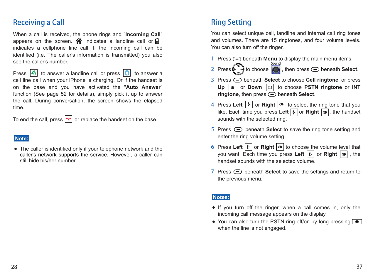 Ring setting, Receiving a call | iCreation i-800 User Manual | Page 29 / 64