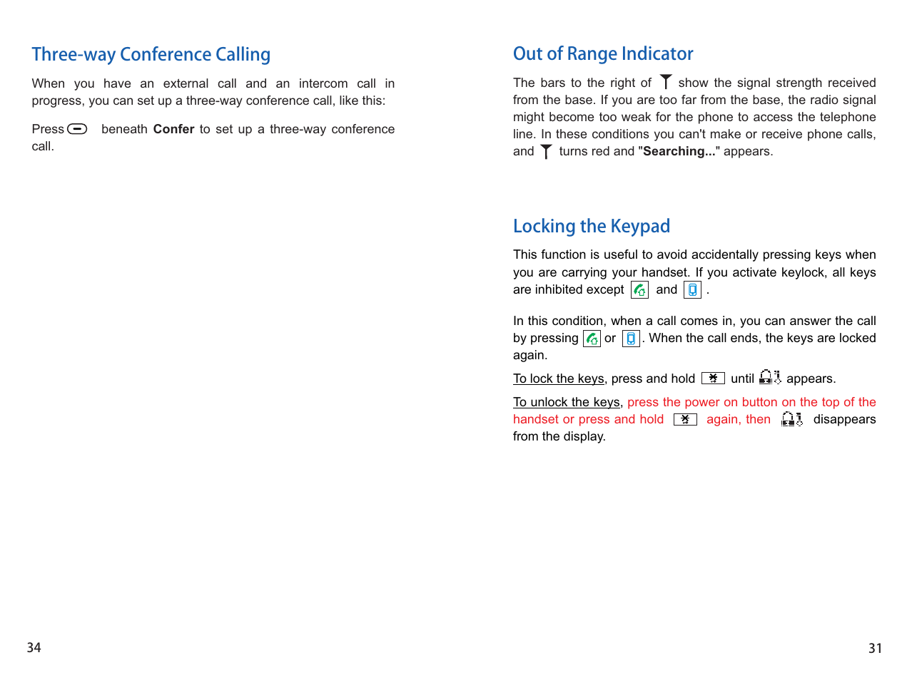 Three-way conference calling, Out of range indicator locking the keypad | iCreation i-800 User Manual | Page 32 / 64