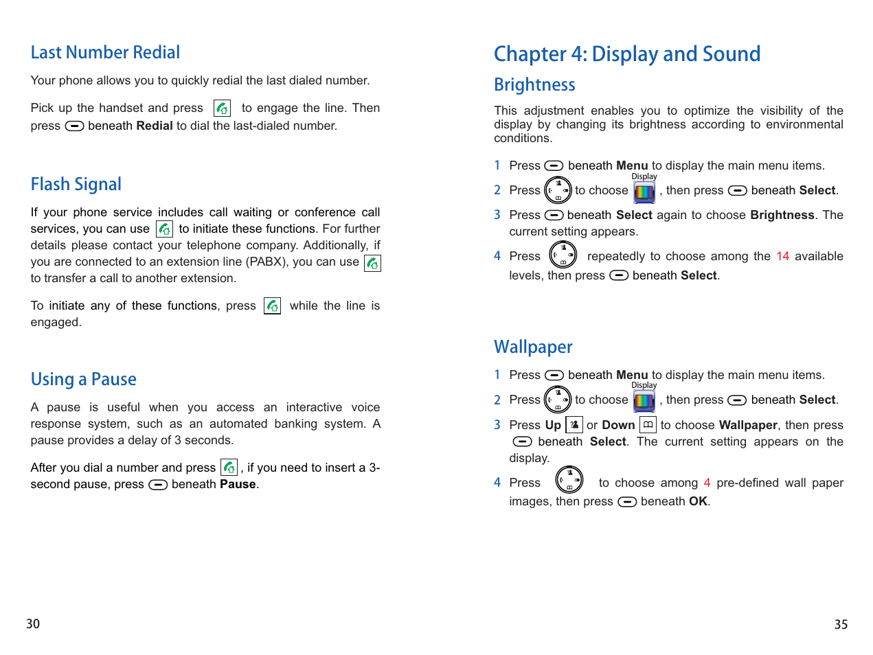 Chapter 4: display and sound, Brightness wallpaper, Last number redial flash signal using a pause | iCreation i-800 User Manual | Page 36 / 64