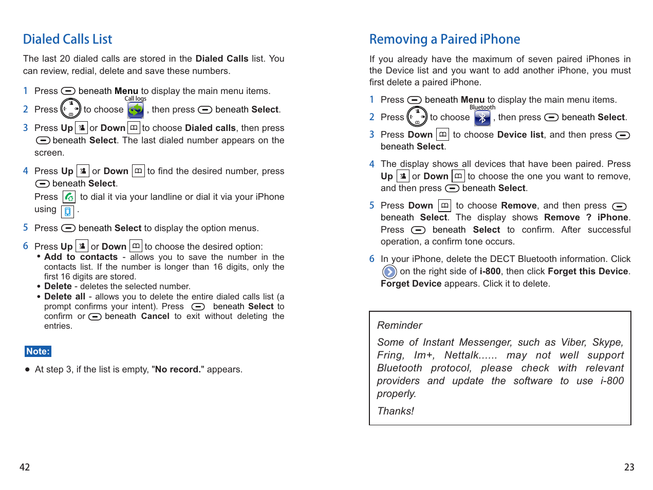 Removing a paired iphone, Dialed calls list | iCreation i-800 User Manual | Page 43 / 64