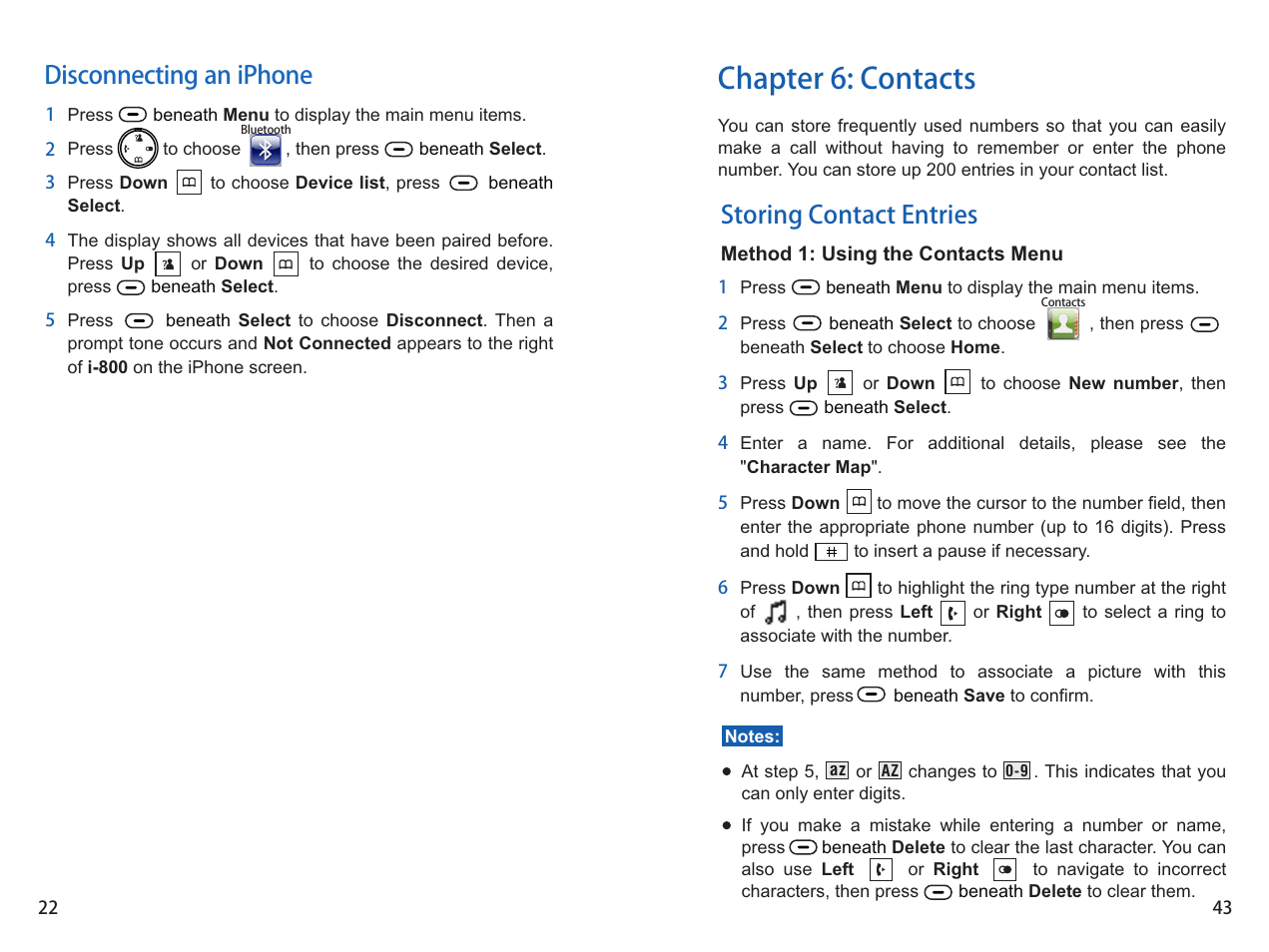 Chapter 6: contacts, Disconnecting an iphone, Storing contact entries | iCreation i-800 User Manual | Page 44 / 64