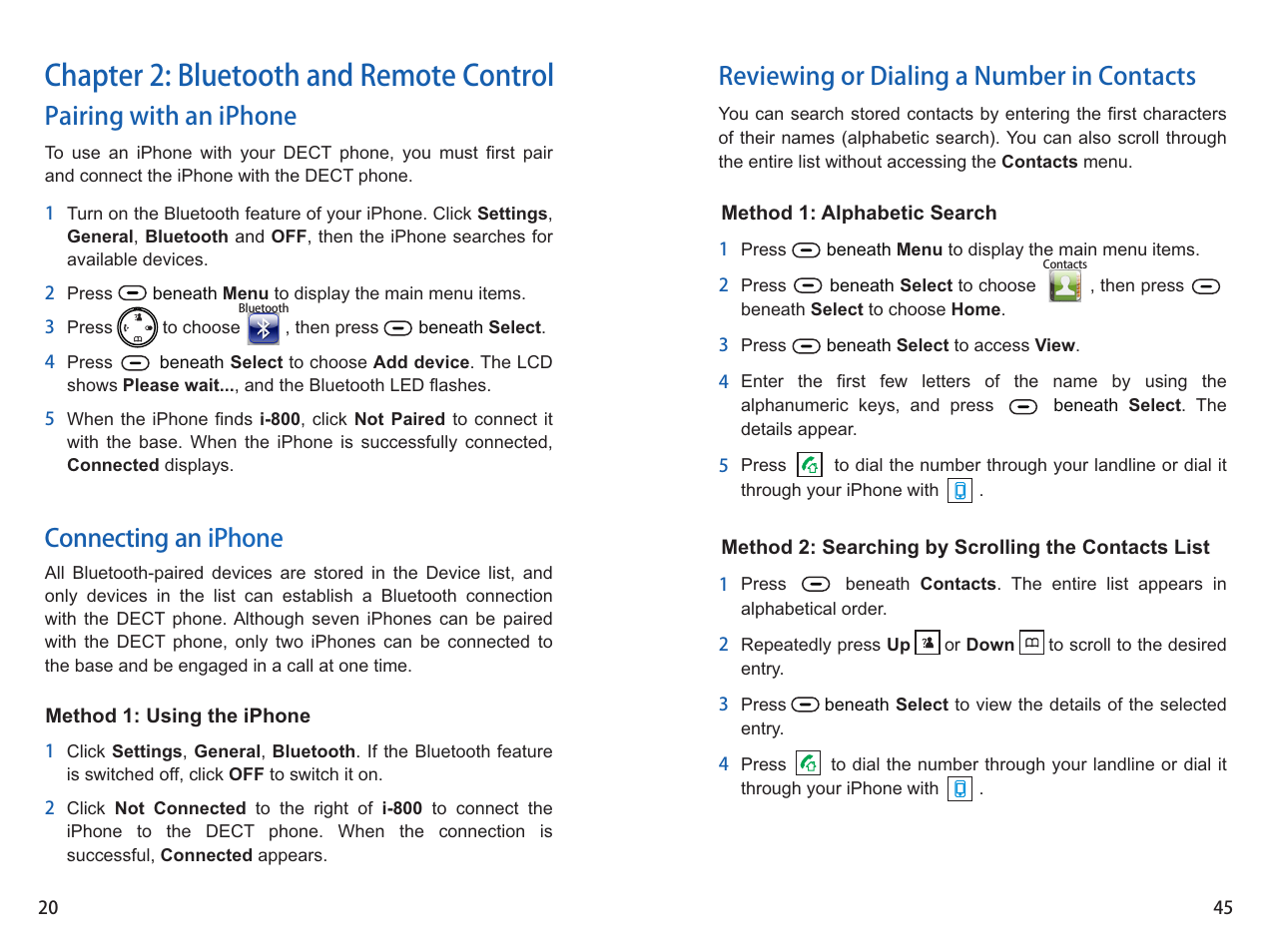 Chapter 2: bluetooth and remote control, Pairing with an iphone connecting an iphone, Reviewing or dialing a number in contacts | iCreation i-800 User Manual | Page 46 / 64